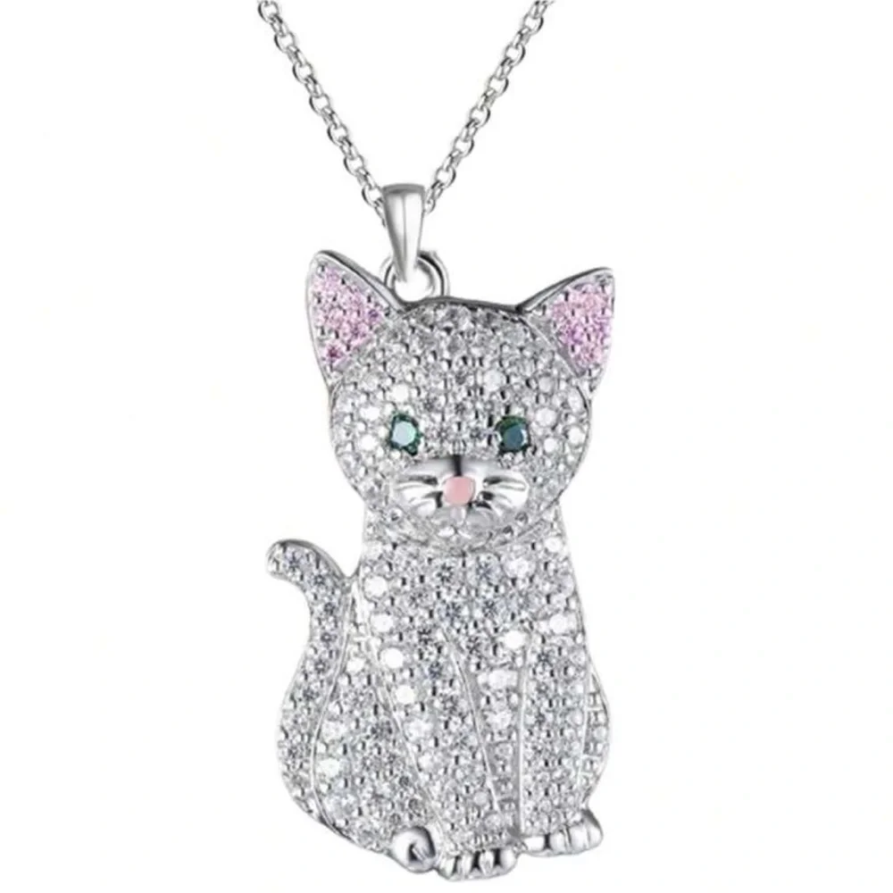 Silver Tone Rhinestone Cat Necklace‎